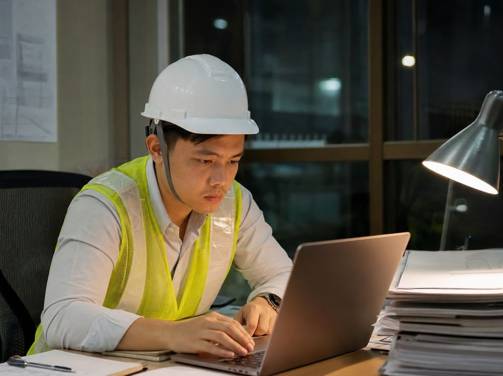 Kỹ sư xây dựng làm việc muộn với laptop và chồng hồ sơ trong văn phòng công trường