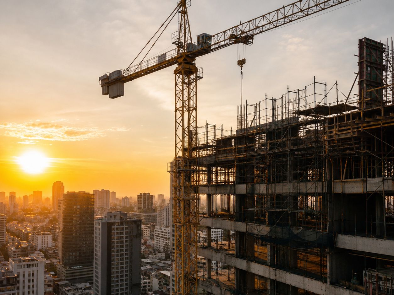 Công trường xây dựng cao tầng lúc hoàng hôn
